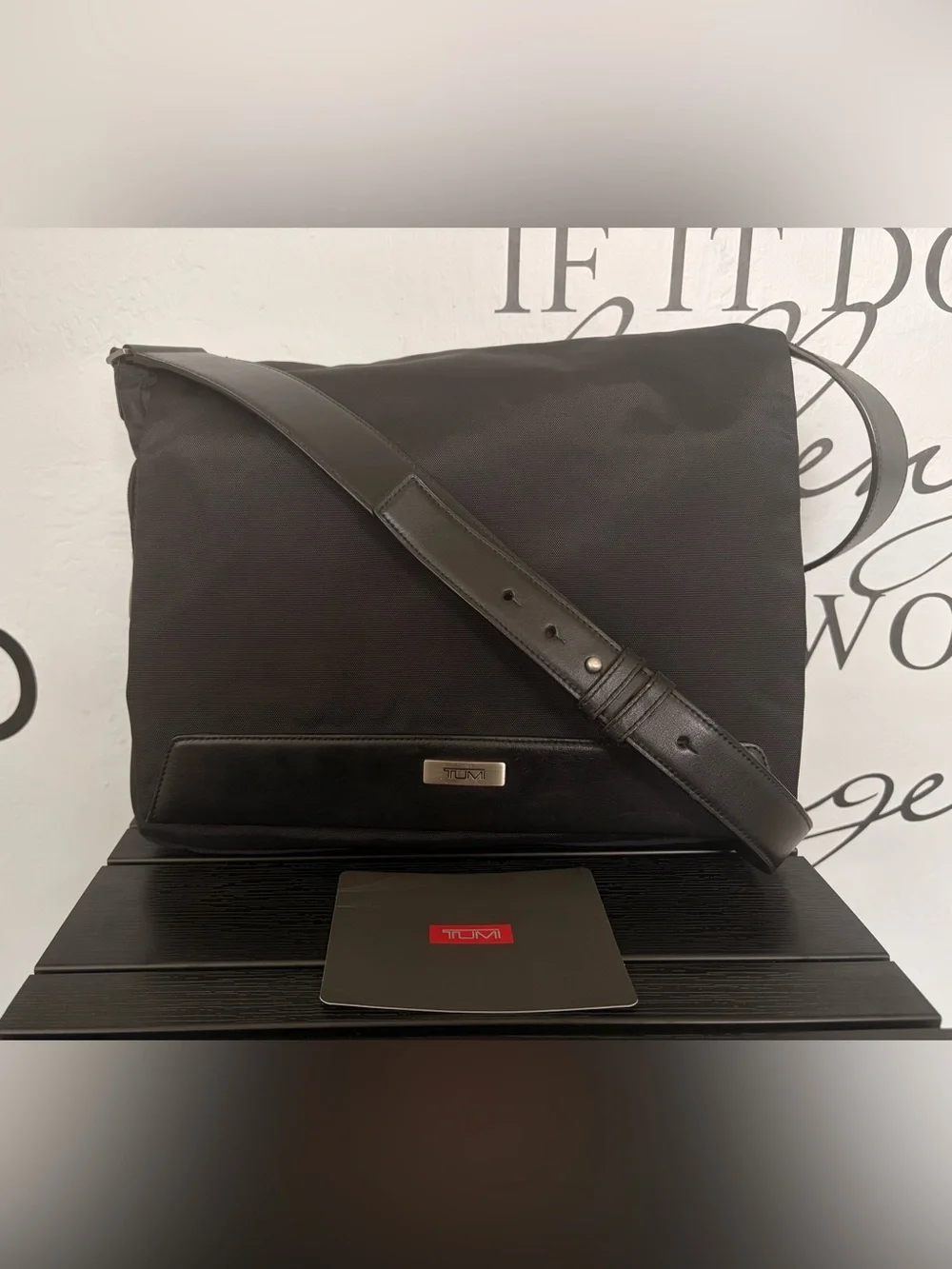 NWOT Tumi Black Nylon Messenger Bag with Leather Trim